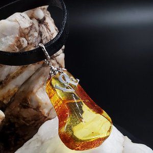 Amber Jewelry Large Genuine Amber LOVE Pendant Leather Necklace Designer Choker
